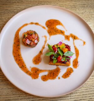 Plant-based fine dining dish served at KLE in Zurich.