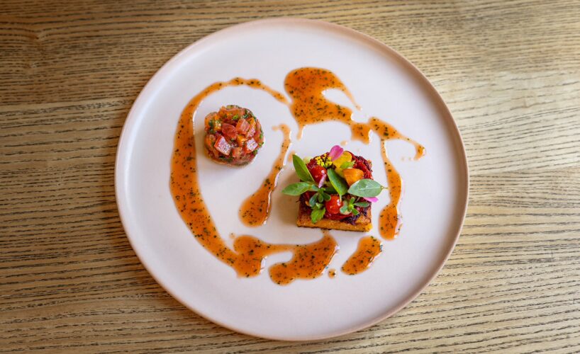 Plant-based fine dining dish served at KLE in Zurich.