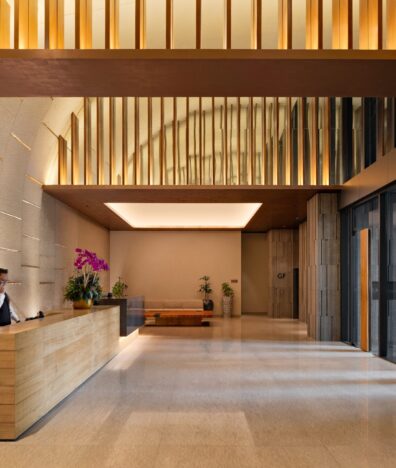 hotel lobby with a japanese inspired design