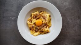 Bacone's fazzoletti with walnut butter and confit egg yolk