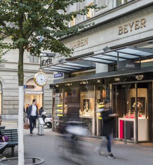 Shops and tree-lined pavements along Bahnhofstrasse in central Zurich.