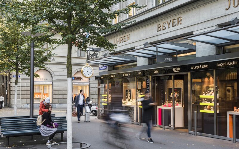 Shops and tree-lined pavements along Bahnhofstrasse in central Zurich.