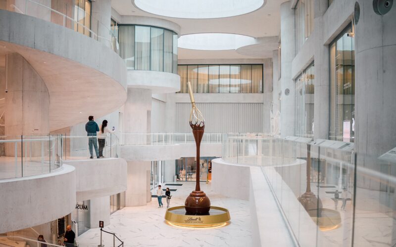 A large chocolate fountain inside Lindt Home of Chocolate in Zurich.